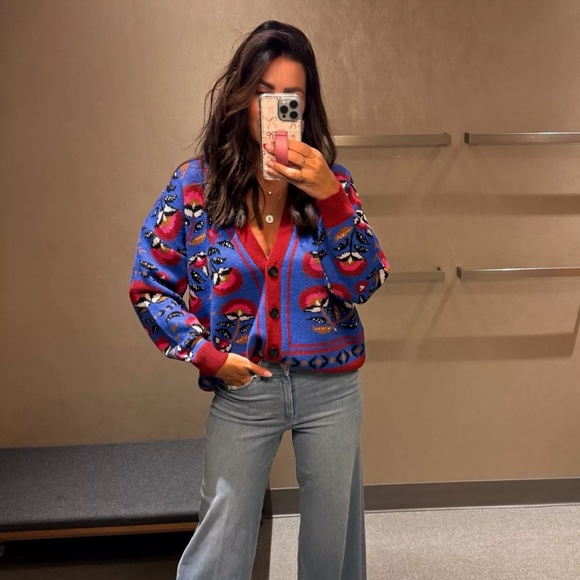 Farm Rio Palms Paradise Teal Cardigan Sweater Blue Red Medium NEW - Picture 3 of 17